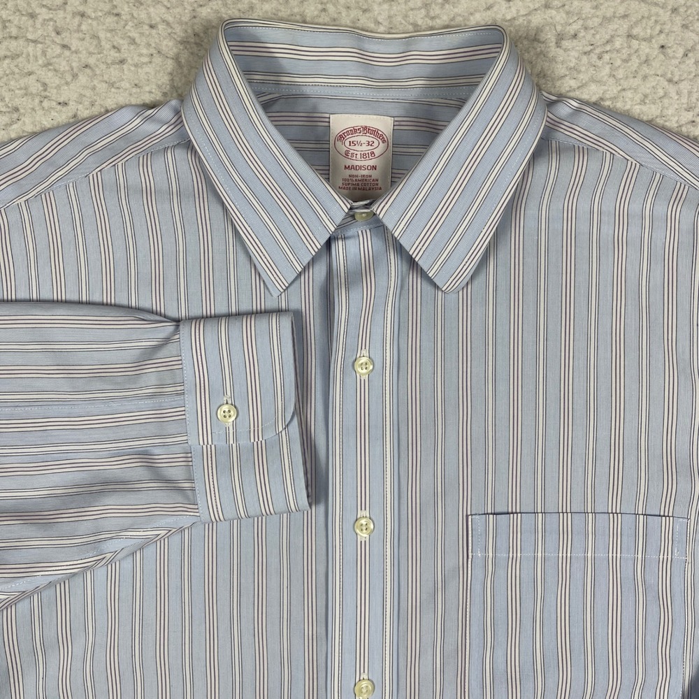 Brooks Brothers Dress Shirt Mens 15.5 32 Blue Striped Madison Non-Iron Cotton